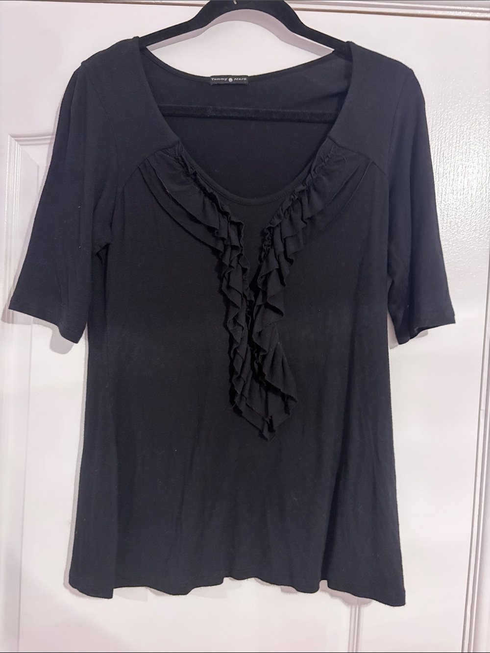 Tammy Mars Black Ruffle V-Neck Short Sleeve Top